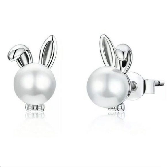 New! White Pearl 925 Silver Bunny Earrings! - Picture 7 of 7